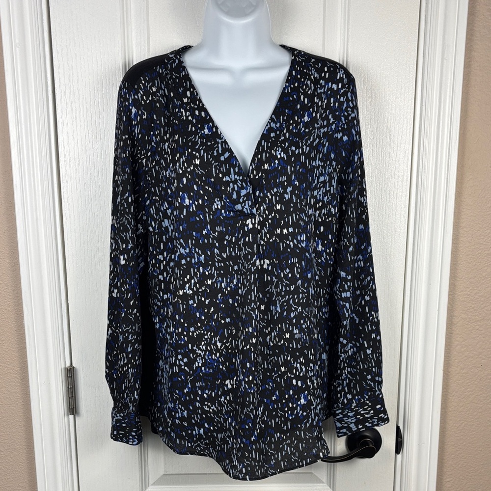 Fortune + Ivy Women's Long Sleeve V-Neck Black/Blue Speckled Blouse Size M NWOT